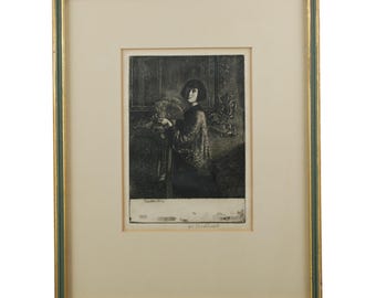 Oryginalny Gerald Leslie Brockhurst RA (1890 - 1978) ołówek podpisany Japonisme Akwaforta L&#39;Eventail The Fan