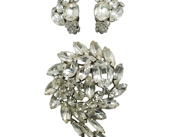 Vintage Alice Caviness Demi Parure Clear Rhinestone Brooch and Earrings with Original Tag