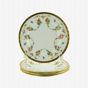 Rare Antique Mintons Bone China Dessert Tea 6.25&quot; Plates with Hand Enameled Floral Swags and Wide Gilt Bands, Set of 4, Pattern H 1087