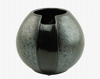 Vintage German Steuler Keramik Postmodern Vase with Dappled Metallic Silver Gray and Glossy Chocolate Brown Glaze