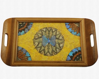 Vintage Art Deco Brazilian Butterfly Wing Double Handled Wooden Tray with Central Medallion Featuring Blue Morpho