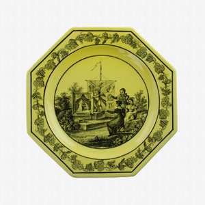 Vintage Mottahedeh Italy Black on Yellow Transferware Octagonal Plate After Creil Montereau &quot;Panorama&quot;