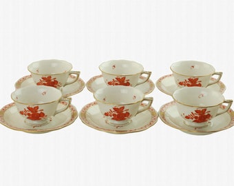 Vintage Herend Porcelain Chinese Bouquet Rust Espresso Demitasse Cups and Saucers, Set of 6, Shape 735, Decor AOG