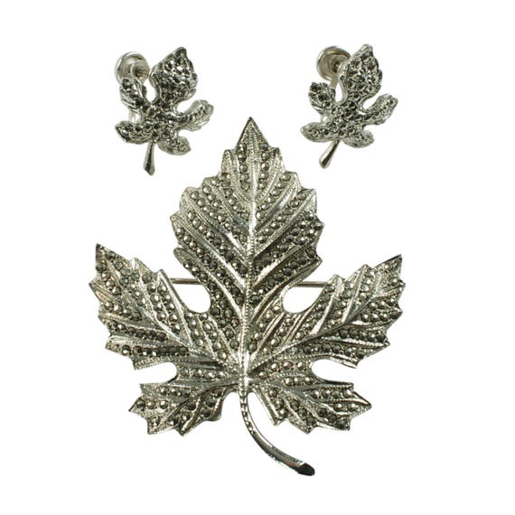 Vintage Sterling Silver and Marcasite Maple Leaf Brooch Pin and Earring Set Demi Parure 20 Grams