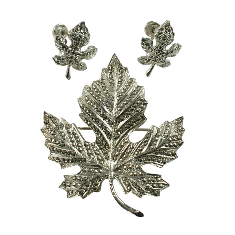 Vintage Sterling Silver and Marcasite Maple Leaf Brooch Pin and Earring Set Demi Parure 19.9 Grams image 1