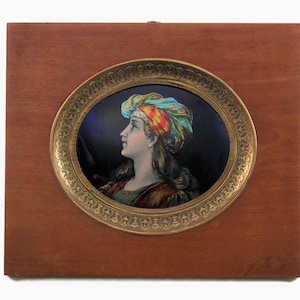 Antique French Limoges Hand Painted Enamel on Copper Convex Oval Plaque in Wood Frame with Embossed Brass Trim