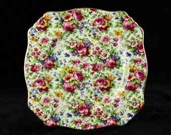 Vintage Royal Winton Grimwades Chintz "Summertime" Ascot Shaped Plate with Gilt Trim