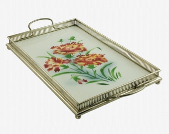 Bandeja rectangular antigua de porcelana con motivo floral y marco de borde de galería de placa de níquel