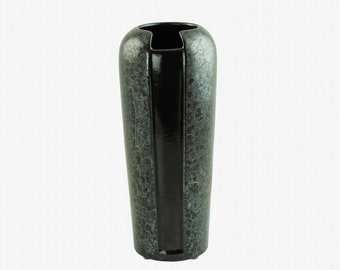 Deutsche Steuler Keramik Postmoderne Vase mit gesprenkelter metallischer silbergrauer und glänzender schokoladenbrauner Glasur