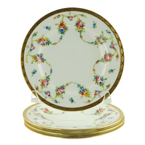 Rare Antique Mintons Bone China Dessert Tea 6.25" Plates with Hand Enameled Floral Swags and Wide Gilt Bands, Set of 4, Pattern H 1087