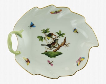 Vintage Herend Leaf Shaped Rothschild Bird Left Handled Dish with Gilt Trim