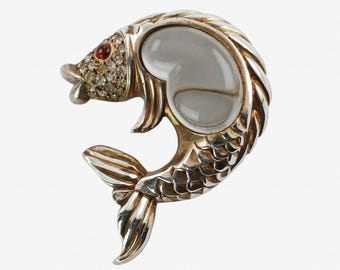 Large Vintage Sterling Silver Vermeil Jelly Belly Fish Brooch Pave Set Rhinestones Ruby Red Cabochon Eye Collectible Estate Jewelry 40 Grams
