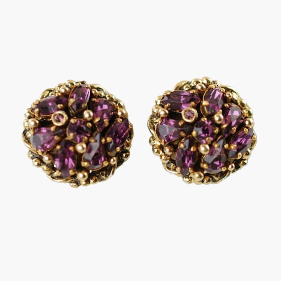 Vintage Mid Century Purple Rhinestone Clip On Ear… - image 1