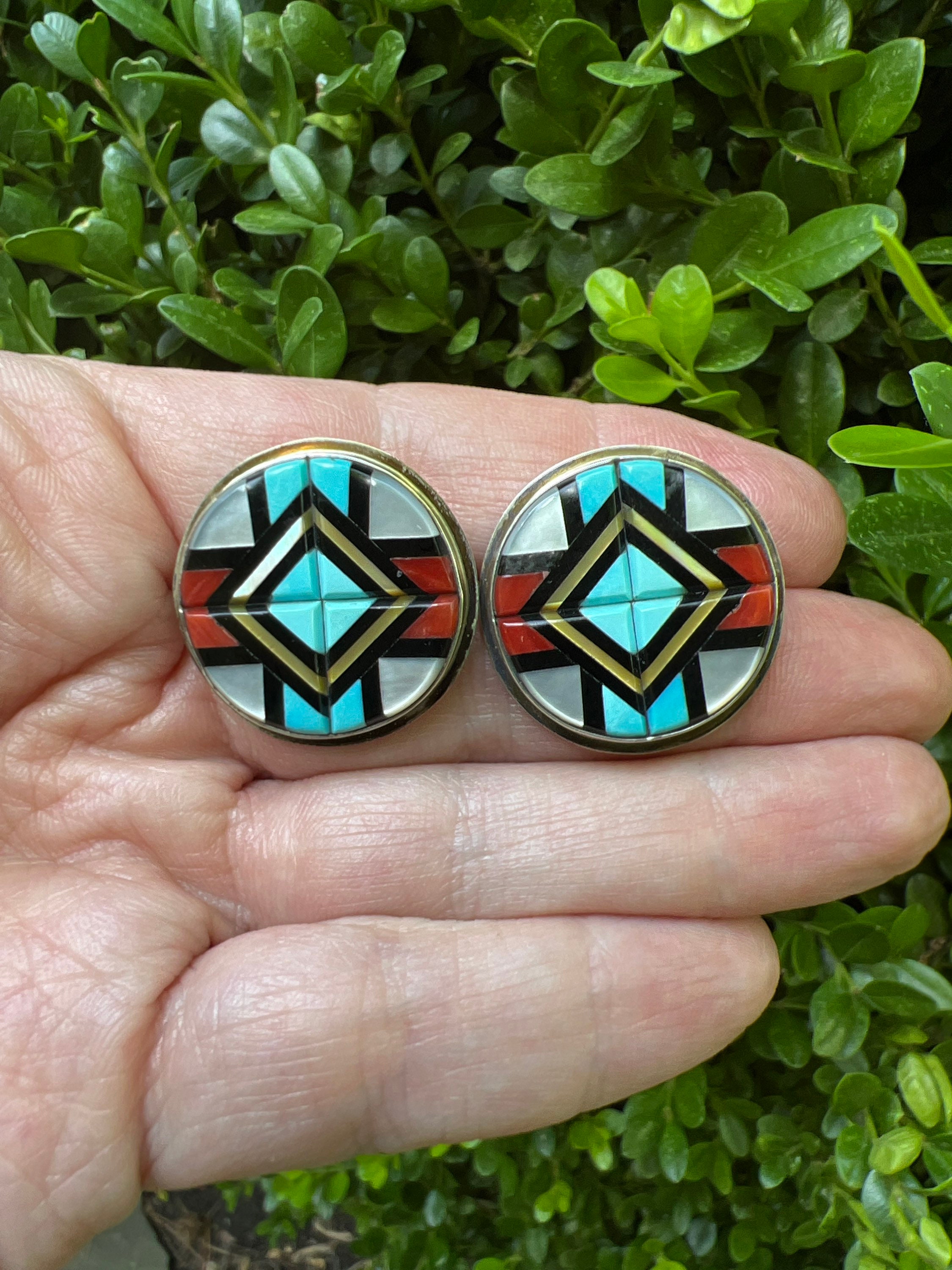 Vintage Y.K. Natachu Zuni Multistone Inlay Earrings Native