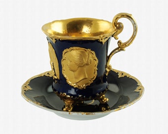 Rare Antique Meissen Queen Victoria and Napoleon III Commemorative Portrait Cup with French Imperial Eagle and Matching Saucer