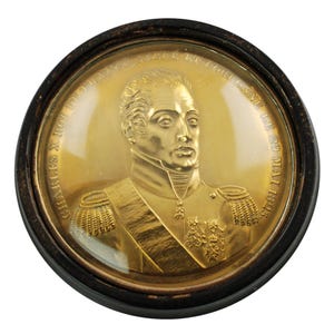 Antique French Papier Mache Morel Fecit Charles X Coronation 29 Mai 1825 High Carat Gilded Copper Medallion with Domed Glass Cover