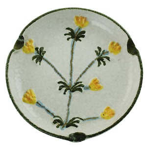 Large 8" Vintage Fratelli Fanciullacci Hand Painted Italian White Lava Glaze Ashtray with Applied Yellow Flowers and Green Foliage FF 717