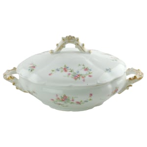 Antique Gilded Limoges Pink and Blue Floral Pattern Covered Serving Dish by Lazeyras, Rosenfeld and Lehman, Double Handled