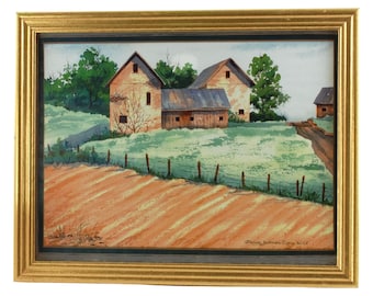 Acuarela original vintage, paisaje rural, Shirley Werner Carr, WSI