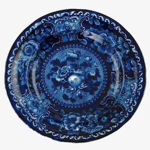 Antique Early 19th Century Stubbs and Kent Longport Dark Blue Staffordshire 7.5&quot; Plate Fruit and Flowers Pear Motif Circa 1828–1830