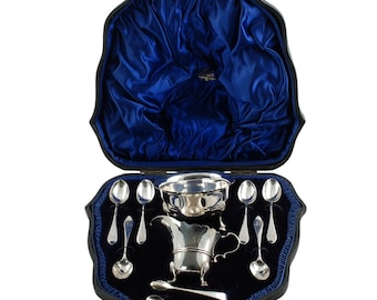 Antique Wakely & Wheeler Cased Sterling Silver Footed Sugar Bowl and Creamer Coffee/Tea Presentation Set 6 Spoons, Sugar Tongs
