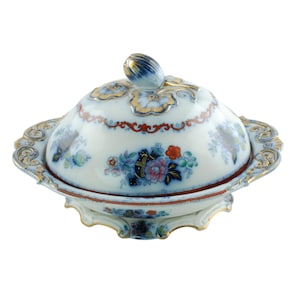Antique Staffordshire Gilt Imari Covered Tureen with Flower Bud Finial