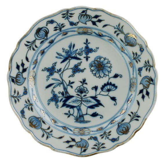 Antique Meissen Porcelain Gilded Blue Onion Scalloped Edge Dish