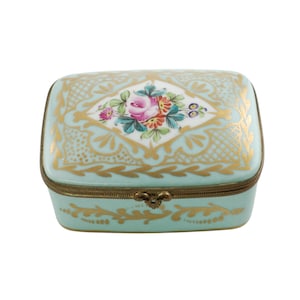 Vintage Turquoise Limoges Porcelain Box with Hand Painted Floral Detail and Gilt Accents