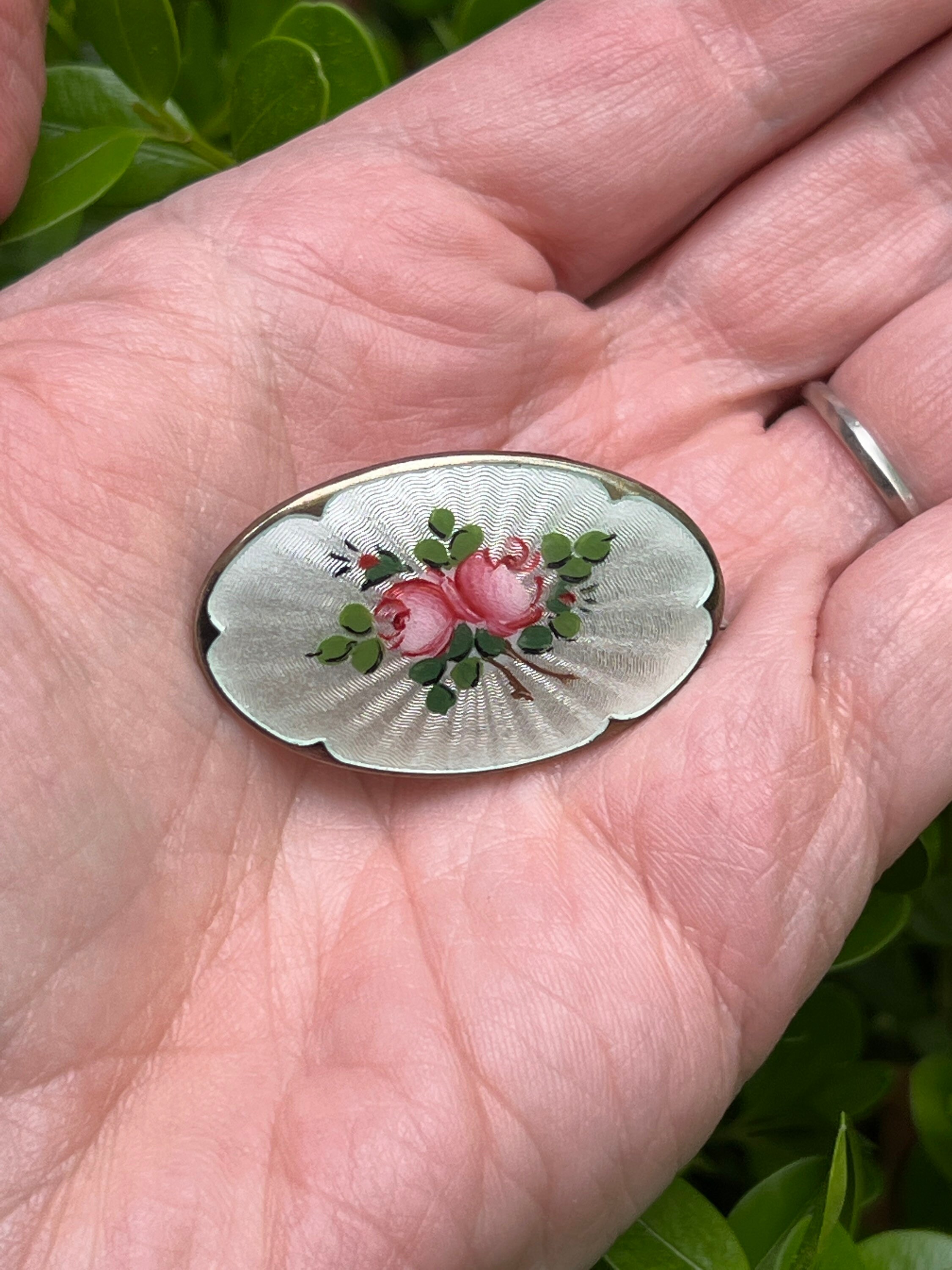 Vintage Hand Painted Guilloche Enamel Oval Brooch Pin Hand Painted Pink ...