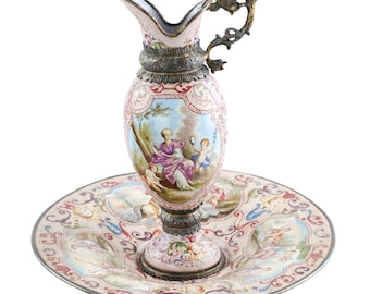 Antique Viennese Hand Painted Enameled Footed Ewer and Matched Underplate
