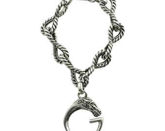 Pulsera Gucci vintage de plata de ley con motivo ecuestre, dije de G grande con cabeza de caballo y eslabones con motivo de cuerda, 74,8 gramos, talla 17, joyería unisex