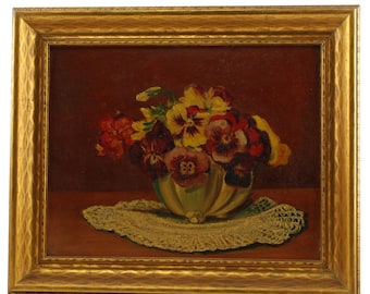Naturaleza muerta floral vintage con pensamientos, pintura al óleo original de Max Herzog circa 1937, Grandmacore Decor