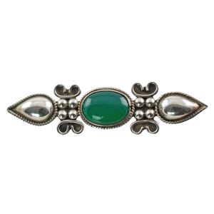 Large 3&quot; Vintage Sterling Silver Chrysoprase Brooch Pin, Taxco Mexico Sterling Jewelry
