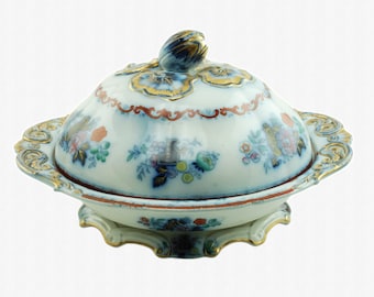 Antique Staffordshire Gilt Imari Covered Tureen with Flower Bud Finial