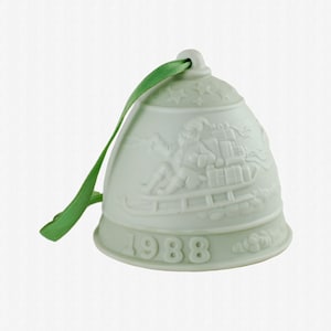 Vintage Lladro 1988 Annual Bell Ornament, Green and White Bisque Porcelain, Collectible Bell