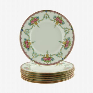 Antique Mintons Hand Enameled Bone China Plates, Flower Baskets and Swags, Pink Bands with Blue Flowers, Umber Rims, Set of 7, Pattern B953