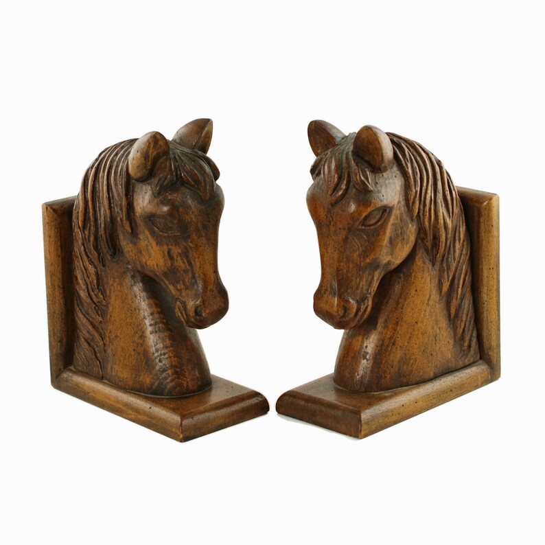 Vintage Carved Wood Horse Head Bookends