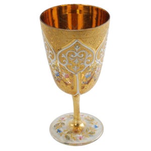 Antique Hand Painted Moser Raised Gilt and Enamel Bohemian Art Glass Goblet with Pink, Blue and White Floral Decoration and Islamic Motifs