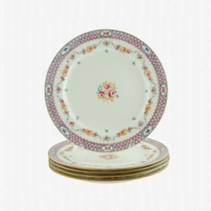 Antique Mintons Lattice and Floral Hand Enameled 10.375&quot; Dinner Plates, Pattern B830, Set of 5, Caldwell and Co Philadelphia