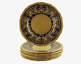 Antique Crown Chelsea Morris China Heavy Gilt Encrusted Cobalt Cabinet Dinner Plates Set of 8
