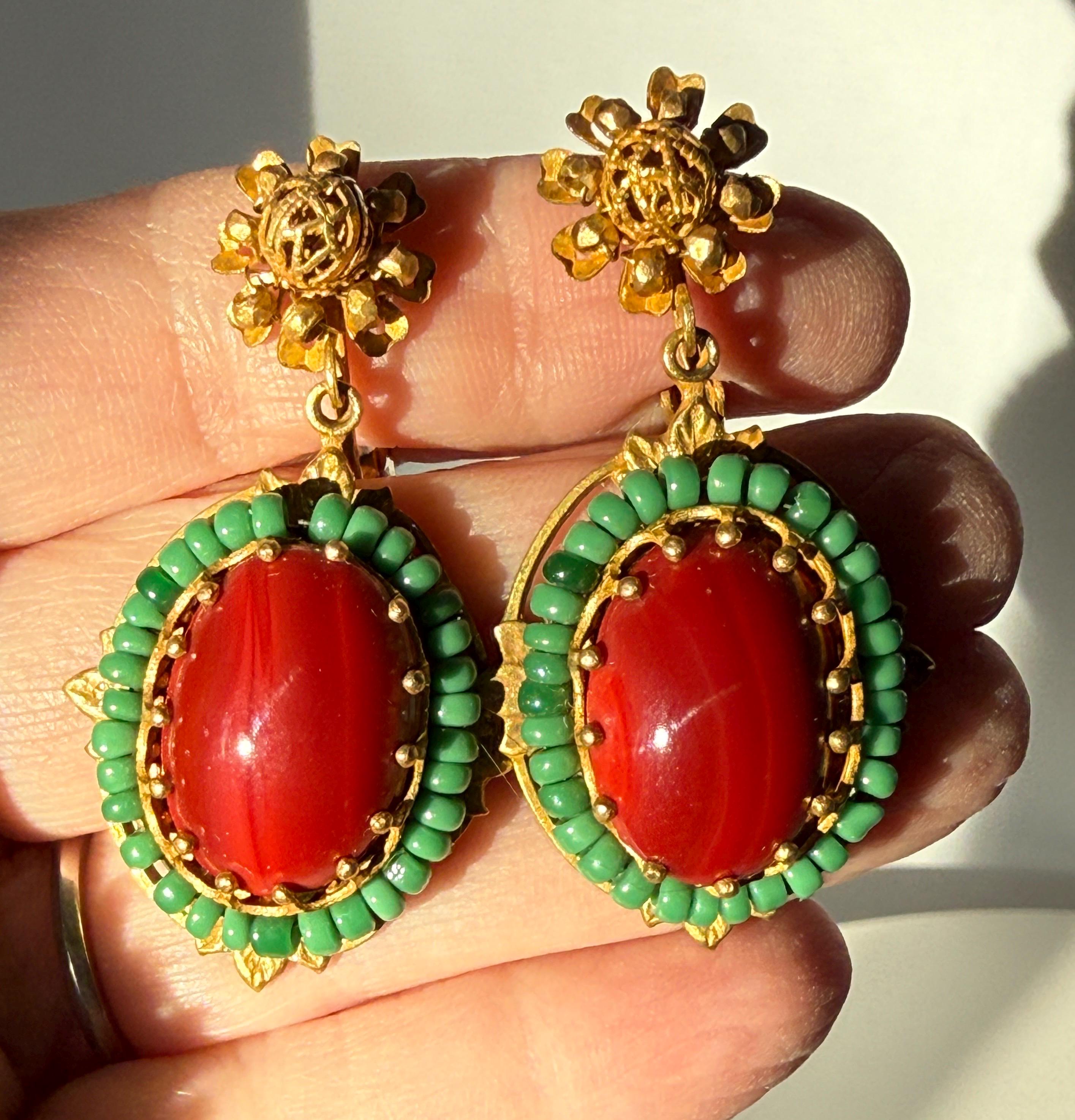 Vintage Signed Miriam Haskell Red Glass Cabochon and Green Bead