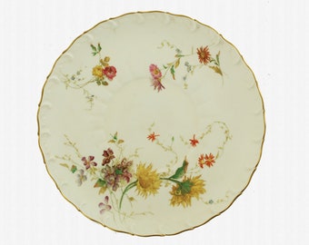 Antique Royal Worcester Blush Ivory Scalloped Edge Plate with Floral Art Sprays and Gilt Decoration