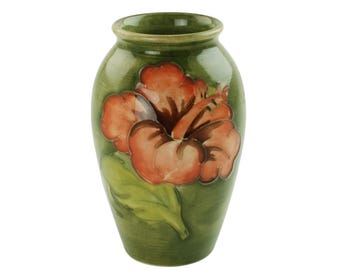 Vintage Walter Moorcroft Pottery Green and Coral Hibiscus Motif Bud Vase with Original Paper Label Potters to The Late Queen Mary