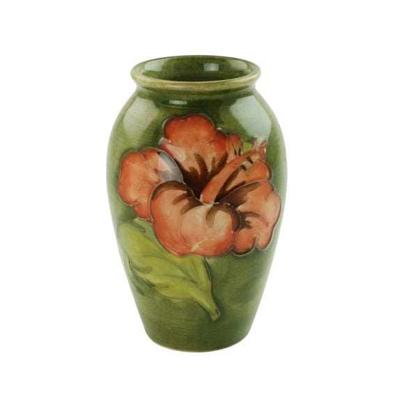 Vintage Walter Moorcroft Pottery Green and Coral Hibiscus Motif