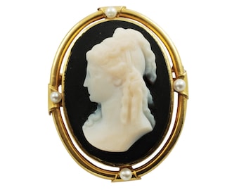 Antique Hardstone Cameo in 14k Yellow Gold with Pearls, Convertible Pendant Brooch, Hallmarked, Fine Estate Jewelry