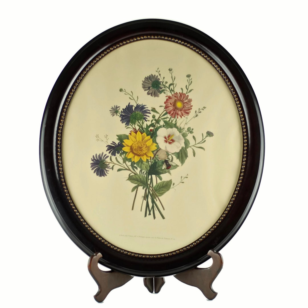 Large Vintage Floral Jean Louis Prévost Oval Lithograph in Wood Frame ...