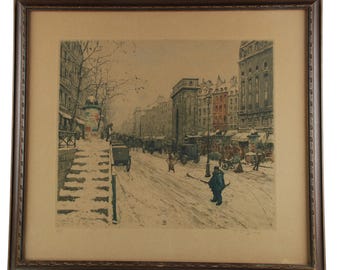 Antyczny Tavik František Šimon Miękka akwaforta i akwatinta: „Boulevard Saint-Martin zimą” Paryż 1914