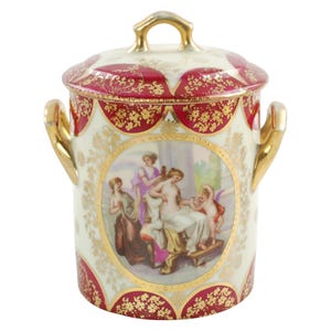 Antique Royal Vienna Style Porcelain Lidded Jelly Jar with Raised Gilt Beaded Decoration and Matching Underplate image 2