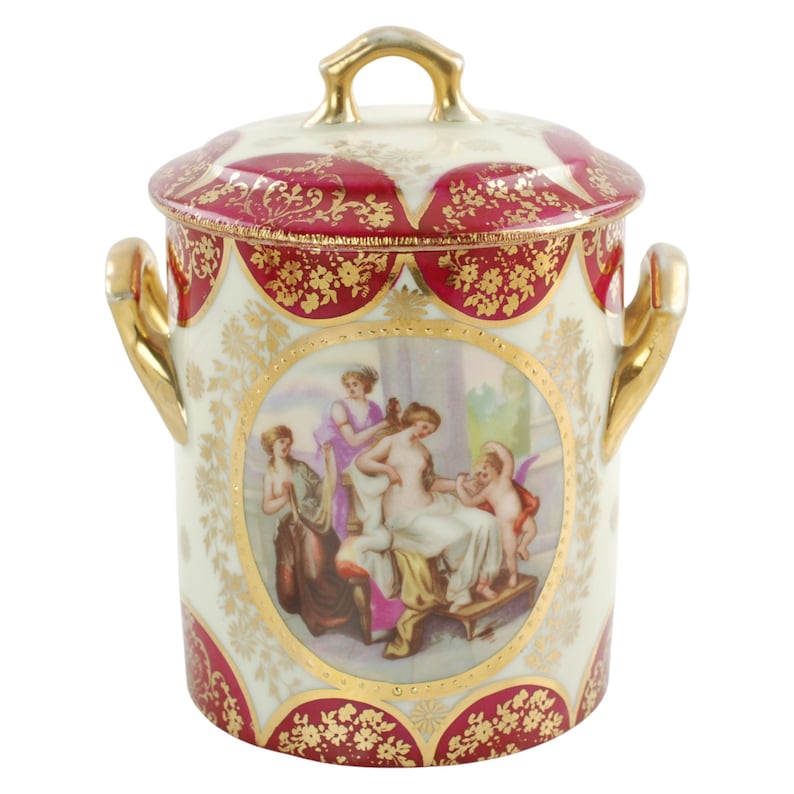 Antique Royal Vienna Style Porcelain Lidded Jelly Jar with Raised Gilt Beaded Decoration and Matching Underplate image 2