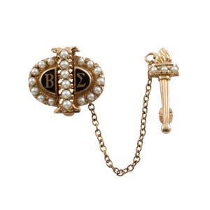 Vintage Beta Sigma Phi ΒΣΦ Enameled 10k Yellow Gold and Seed Pearl Sorority Pin Badge and Torch BSP Collectible